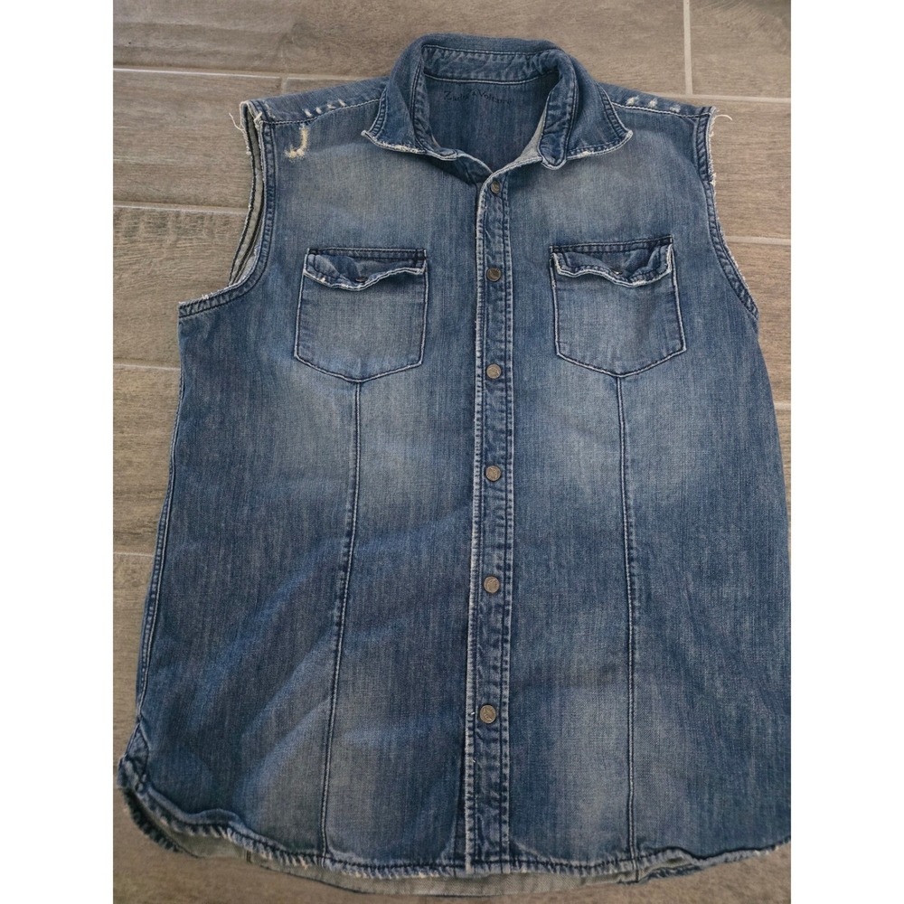Zadig & Voltaire Tiago Distressed Denim Vest Medium Blue Sleeveless Button Down